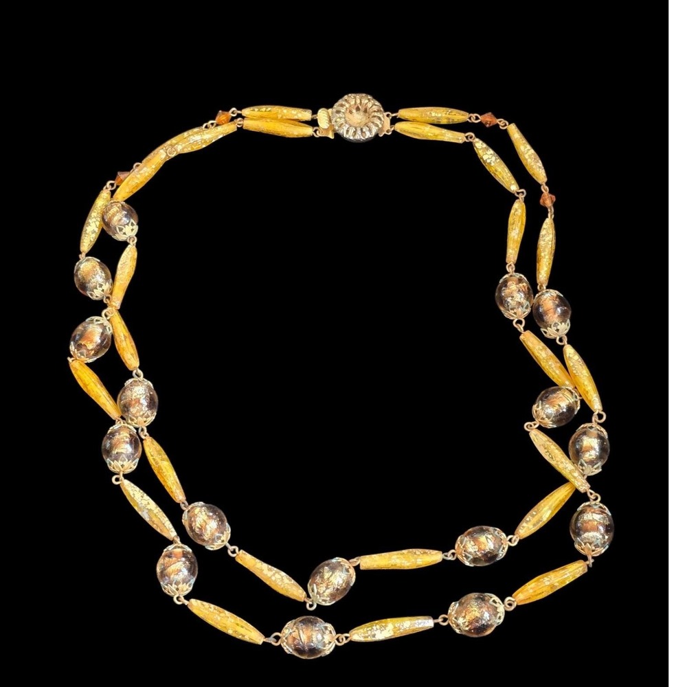 Vintage Double Strand Amber Art Glass Gold Fleck Bead Necklace 23 Inch